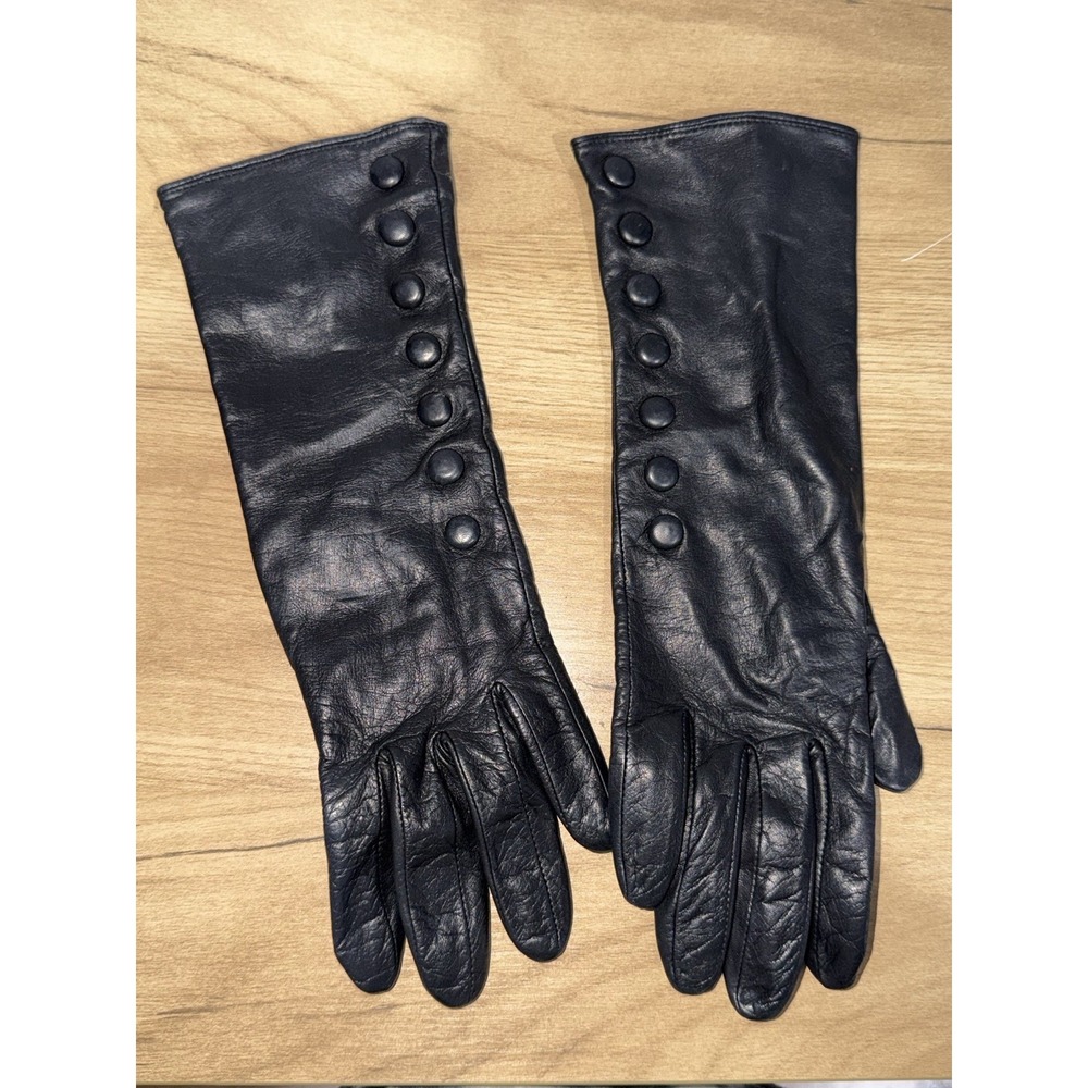 Vtg Long Gloves Black Buttons Leather Women's Sz L Made In Philippines F